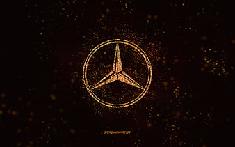 Mercedes-Benz glitter logo,, black background, Mercedes-Benz logo, orange glitter art, Mercedes-Benz, creative art, Mercedes-Benz orange glitter logo, Mercedes logo, HD wallpaper