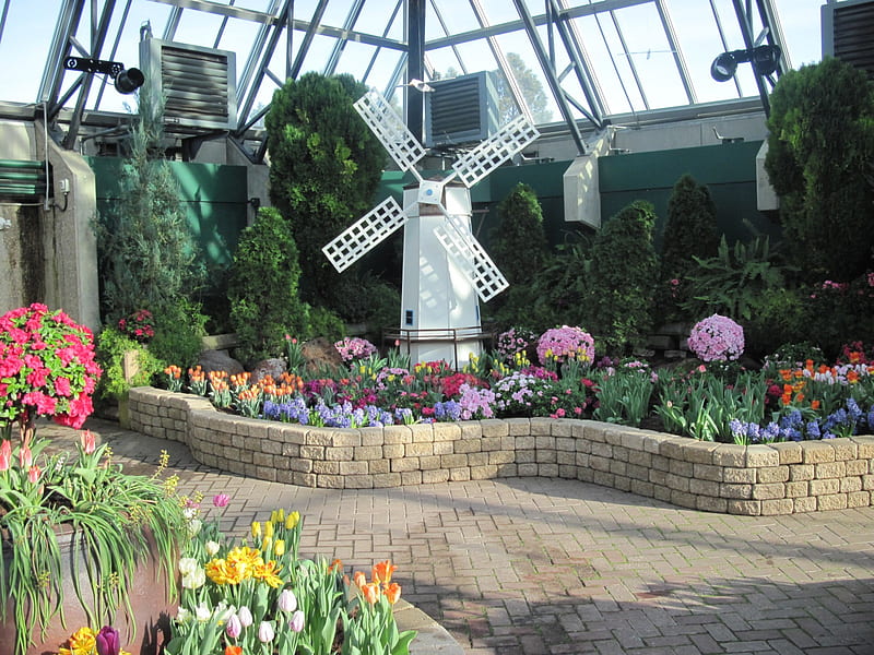 Gardener creativity 24, windmill, trees, Tulips, graphy, green, garden, Flowers, white, pink, HD wallpaper