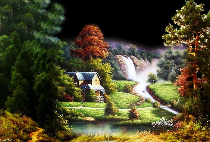 My Ole Kentucky Home, forest, Waterfall, house, trees, HD wallpaper