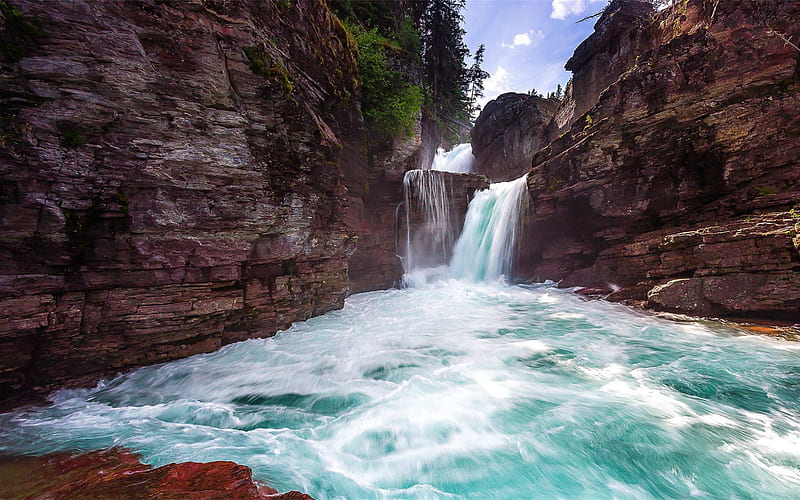mountain waterfall, rocks, mountain river, Glacier National Park, Montana, USA, mountain landscape, HD wallpaper