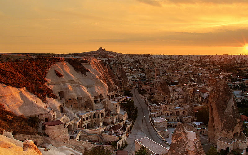 Goreme, Cappadocia, evening, sunset, city in rocks, Goreme cityscape, Turkey, HD wallpaper