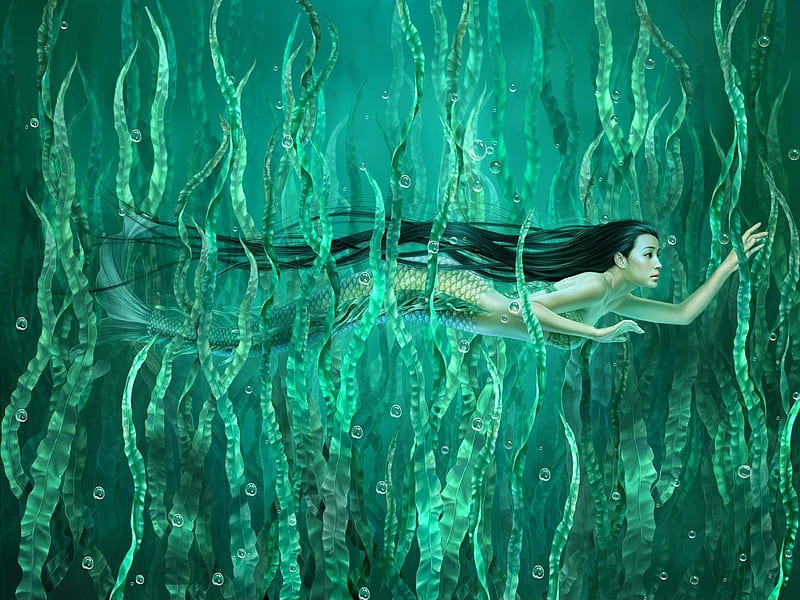 Mermaid, fish, ocean, bonito, fronds, fairytale, abstract, woman, fantasy, water, girl, green, deep, HD wallpaper
