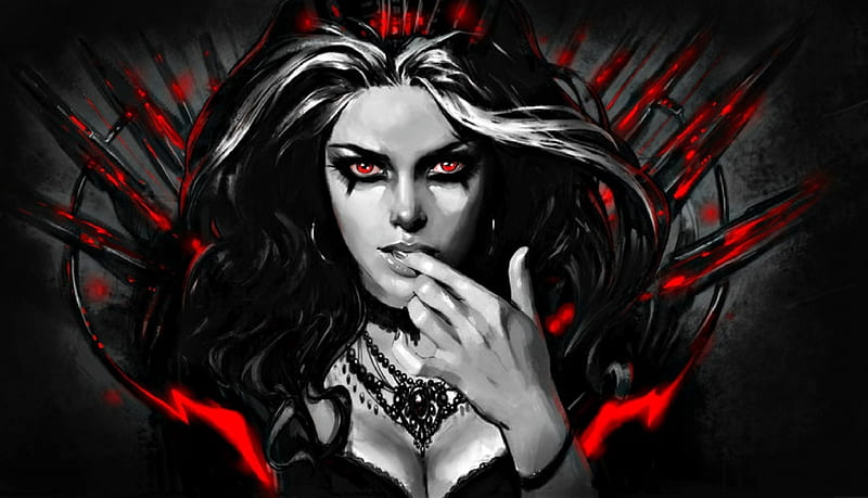 Witch, red, art, halloween, sorceress, black, alexsorsa, woman, fantasy, dark, beauty, eyes, HD wallpaper