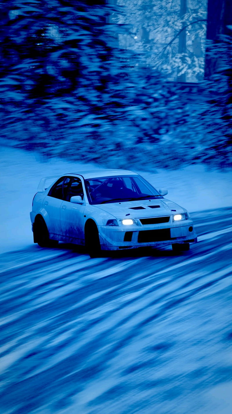 Mitsubishi LE VI GSR, blue, cold, drift, evo, lancer, snow, snow drift, HD phone wallpaper