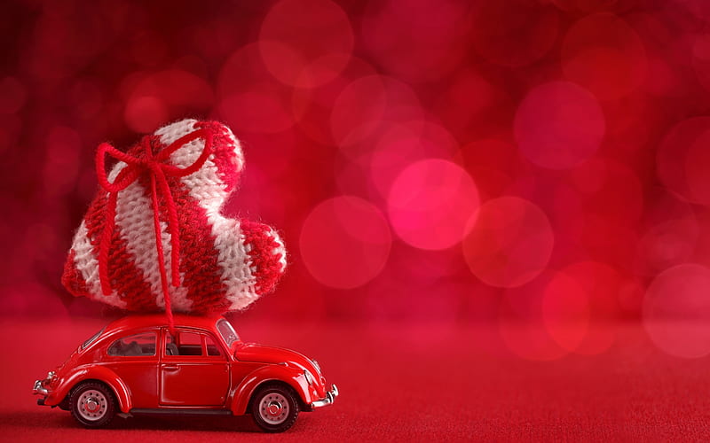 Happy Valentine's Day!, red, bokeh, heart, car, valentine, card, HD wallpaper