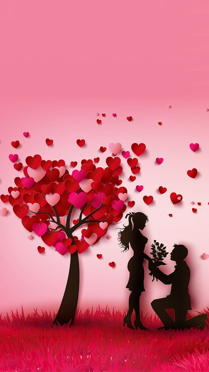 Cupid Love, couple, flowers, siempre, corazones, love forever, red, tree, valentine, HD phone wallpaper