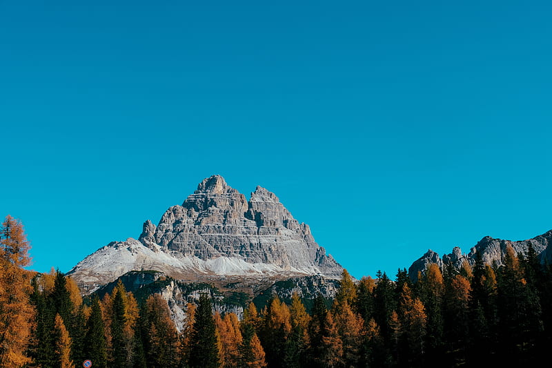 mountain, peak, trees, autumn, sky, mountain landscape, HD wallpaper