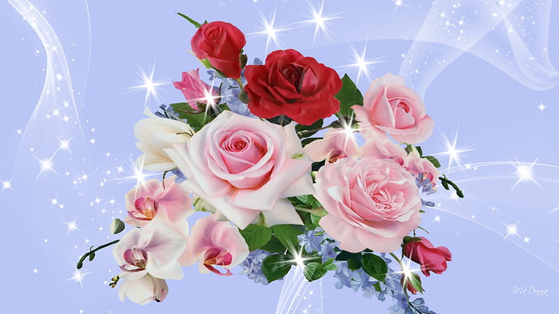 Roses and Sweet Peas on Blue, lilac, red roses, stars, silk, sweet peas, pink roses, sparkle, summer, swish, tulips, blue, HD wallpaper
