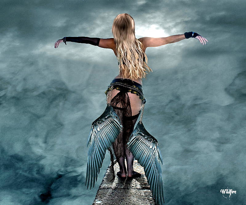 Daughter of Icarus, fantasy, female, wings, angel, ledge, bonito, clouds, HD wallpaper