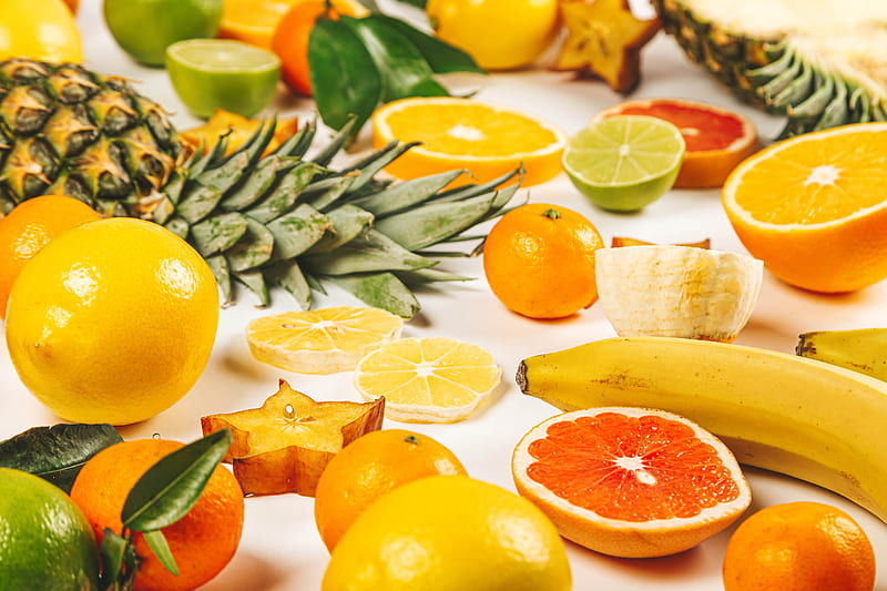 fruit, orange, banana, lemon, pineapple, HD wallpaper