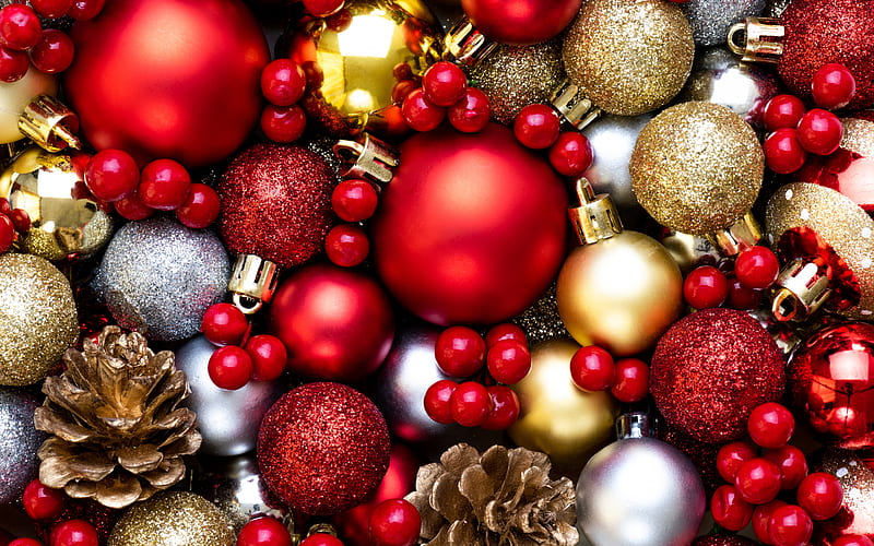 Red christmas balls, new year, festive background, decoration, christmas, red christmas background with balls, HD wallpaper