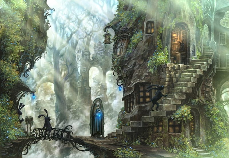 Fantasy Forest, forest, rabbit, fantasy, house, girl, town, magical, orginal, HD wallpaper