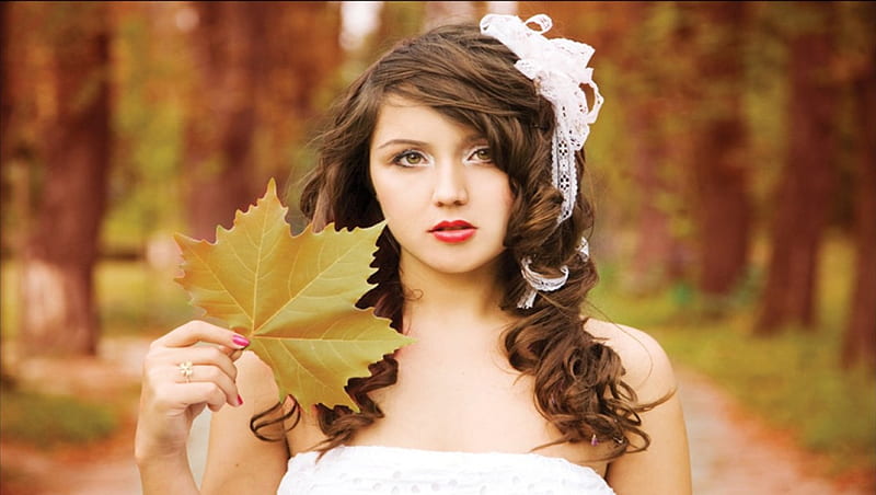 ~Autumn Beauty~, fall, autumn, green eyes, bride, bonito, pale skin, bows, laces, leaf, beauty, HD wallpaper