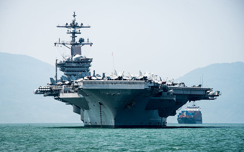 USS Carl Vinson, CVN-70, American aircraft carrier, front view, bay, sea, US Navy, US warship, USA, HD wallpaper