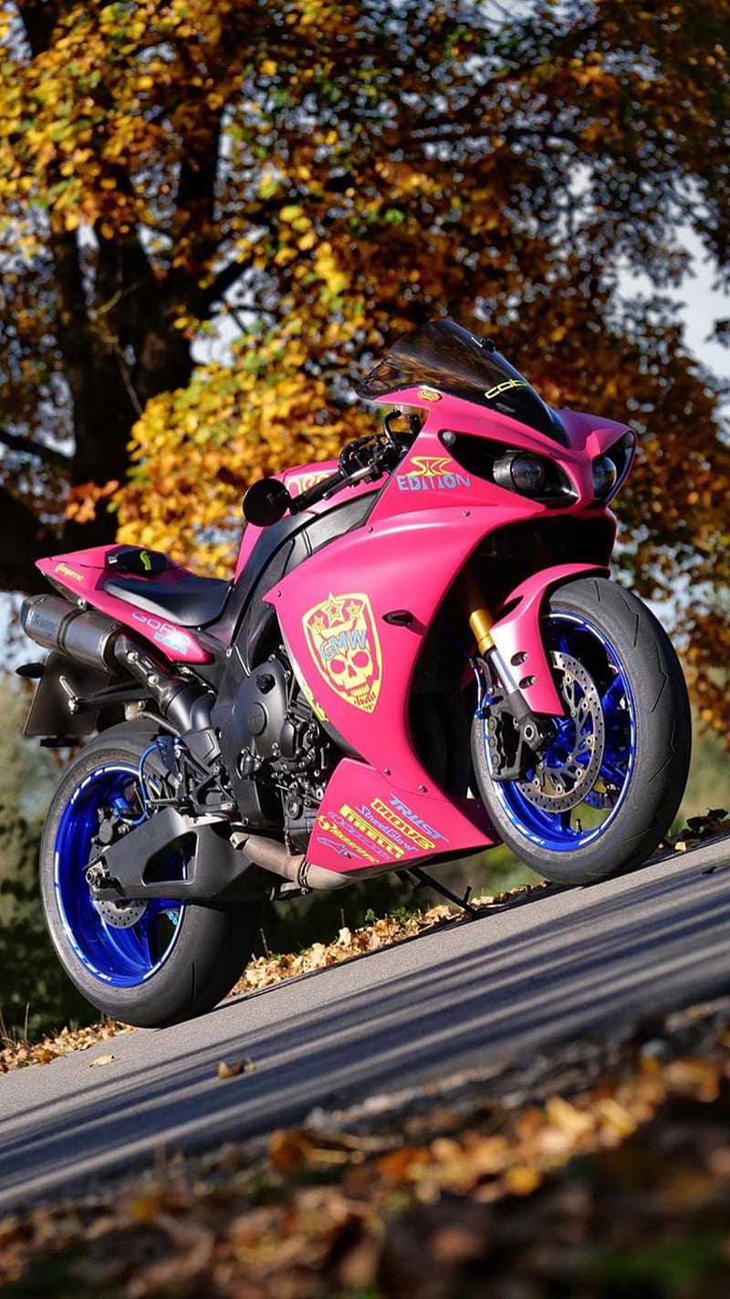 R1 Yamaha, motorcycle, motor, emblems, pink, bike, sport, nice, biker, HD phone wallpaper