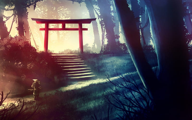 Download wallpaper 1280x720 torii gate crane sakura mountains art  purple hd hdv 720p hd background