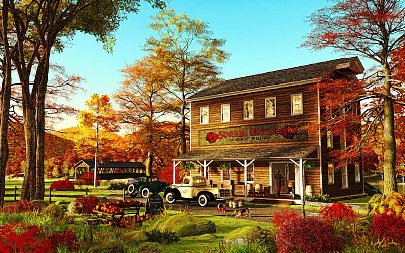 Sugar Creek Cider Mill, autumn, house, apples, car, painting, trees, artwork, HD wallpaper