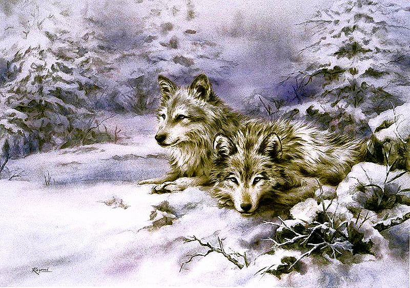 Resting in snow, trees, wolves, artwork, winter, painting, HD wallpaper
