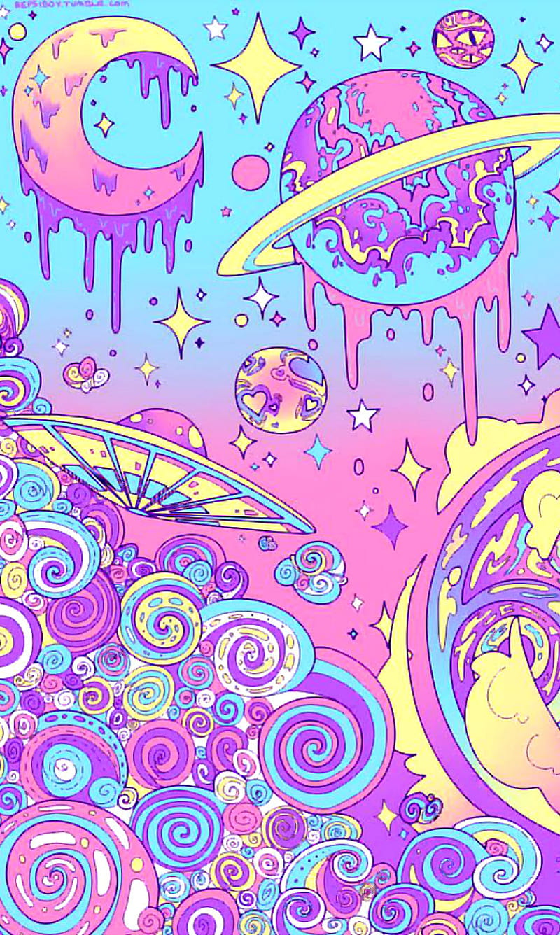 Trippy Drawing, 60s, acid, blue, moon, pink, purple, space, star, stars, ufo, HD phone wallpaper