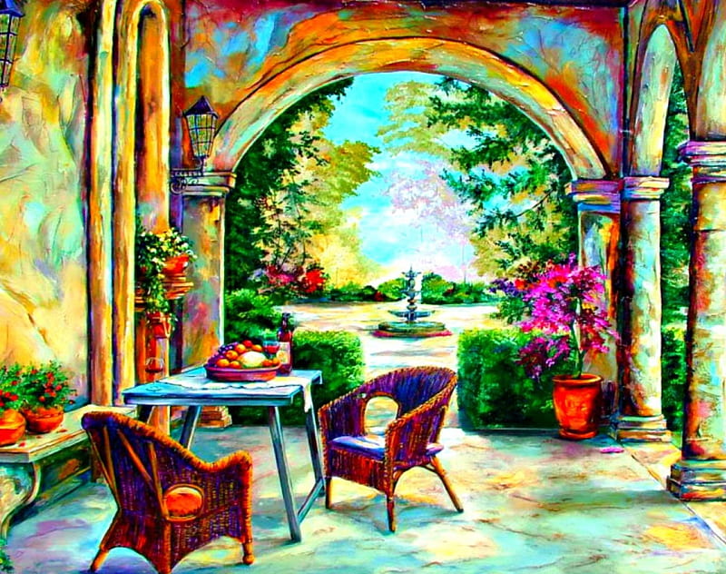 Oasis in the garden, art, hall, painting, flowers, chair, HD wallpaper