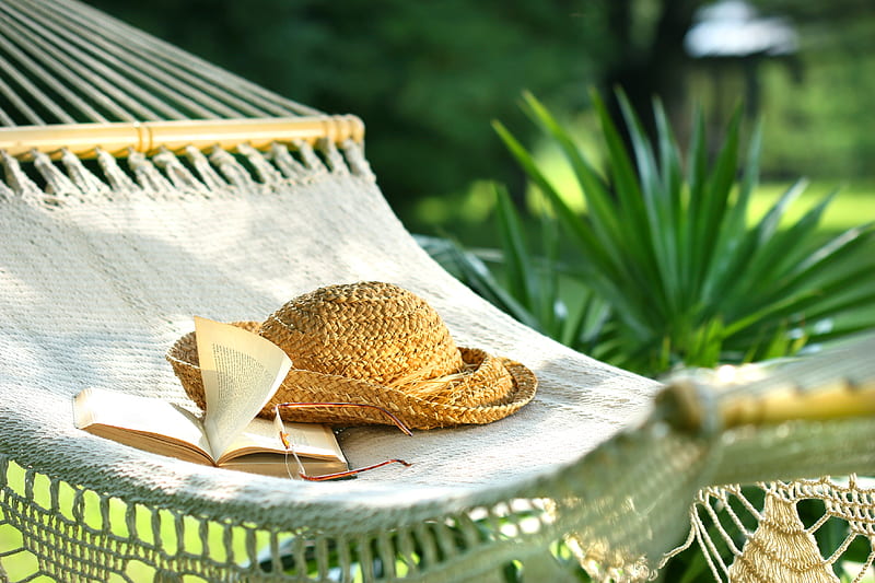 relax, rest, glasses, book, bonito, trees, hammock, hat, graphy, nice, calm, cool, green, peaceful, nature, harmony, HD wallpaper