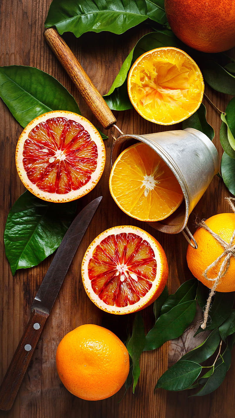 Oranges, fruit, knife, leaf, orange, table, wood, HD phone wallpaper