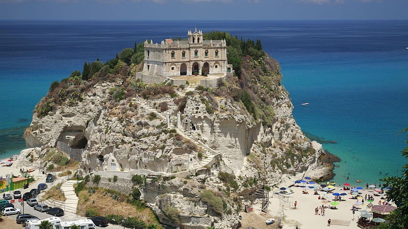 Church of the Holy Maria,Italy, beach, isolates, hilltop, island, church, HD wallpaper