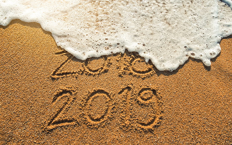 New 2019 Year, wave, beach, sand, the inscription on the sand, moved from 2018 to 2019, Happy New Year, HD wallpaper