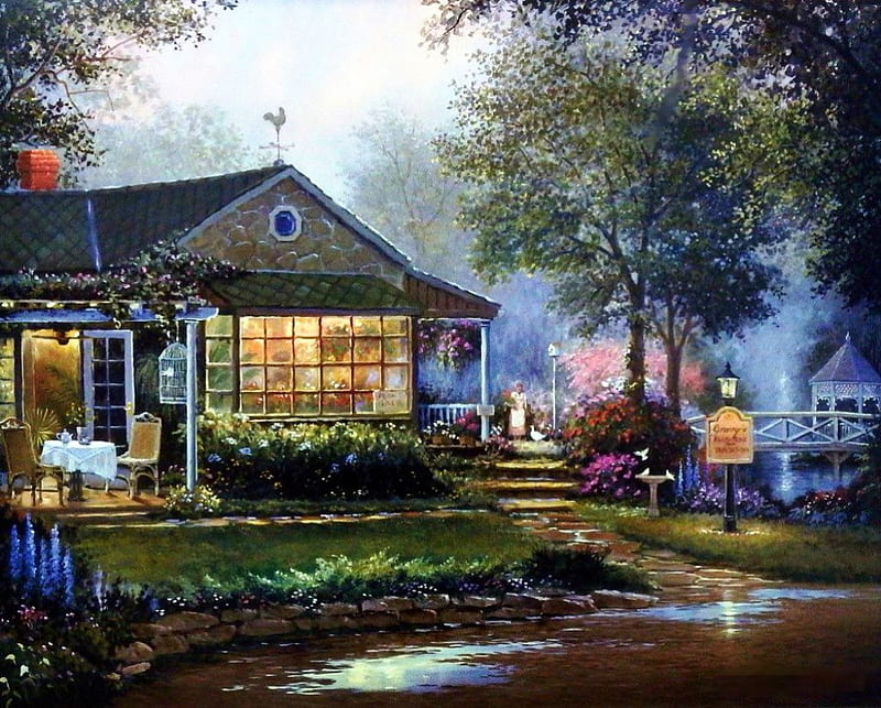 Granny's Flower Shop, house, boat, painting, river, evening, trees, artwork, light, HD wallpaper