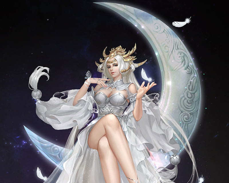 Moon goddess, frumusete, moon, luminos, goddess, black, fantasy, moon, girl, feather, white, HD wallpaper