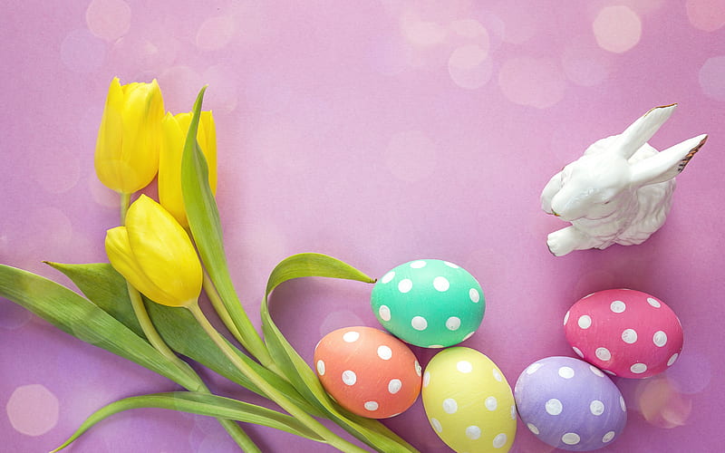 Easter eggs, yellow tulips, spring flowers, painted eggs, Easter, HD wallpaper