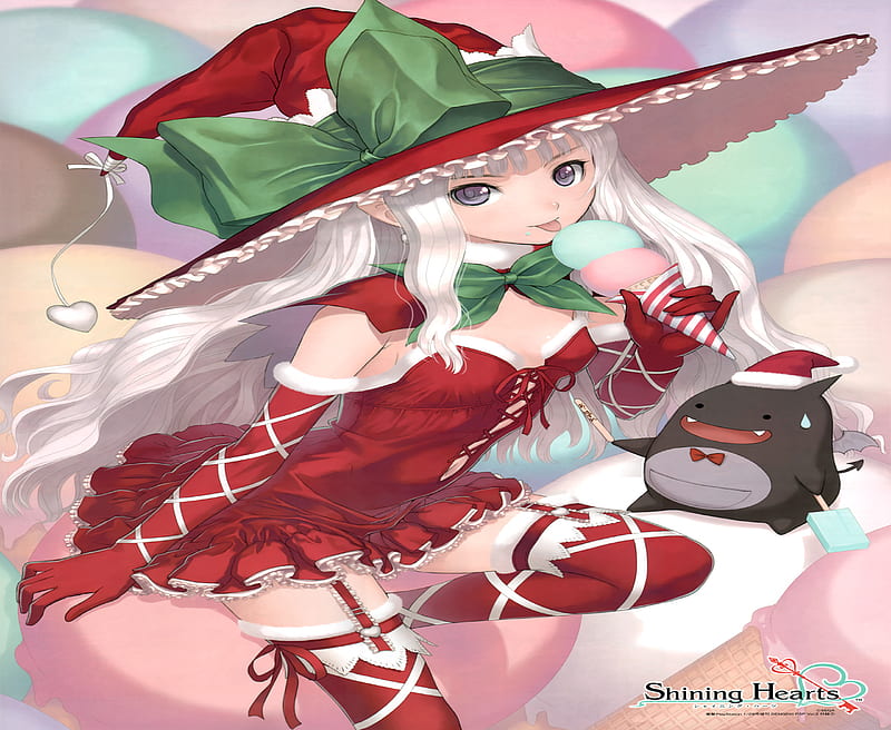Shining Hearts, witch, sexy pose, dress, red dress, bow, thighhighs, sweet, hot, anime girl, female, ice cream, christmas, elf, sexy, doll, cute, witch hat, cool, HD wallpaper