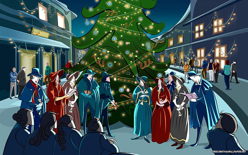 Carol Singers, tree, town centre, christmas, people, winter, HD wallpaper