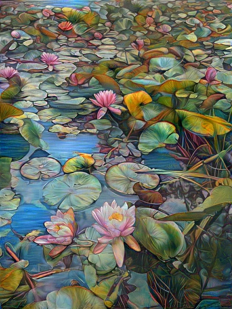 Lilly pad painting, lily, lily pad, lilly pad, pond, nature, artistic, digital art, deep dream, HD phone wallpaper