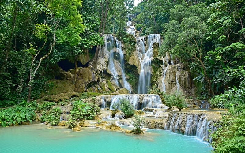 mountain waterfall, rocks, lake, rain forest, Vietnam, Mountain landscape, HD wallpaper