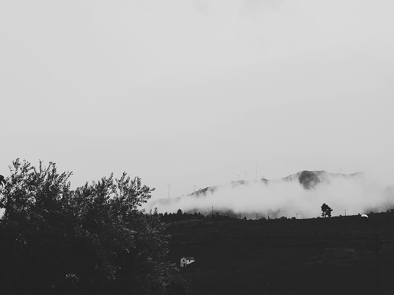 Mountain fog, Castle, Francisco, amoled, black, bw, clean, dark, gate, minimal, graphy, samsung, summer, white, HD wallpaper