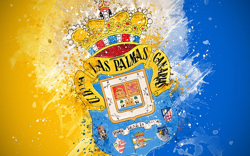 UD Las Palmas paint art, logo, creative, Spanish football team, Segunda, emblem, yellow blue background, grunge style, Las Palmas de Gran Canaria, Spain, Second Division B, football, HD wallpaper