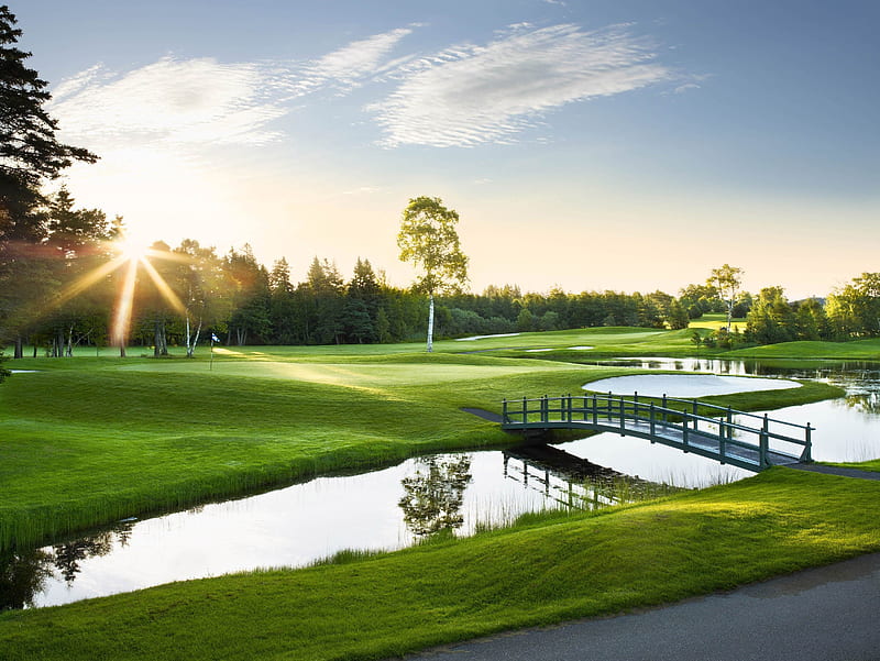 Lush Golf Field, stream, green, bridge, grass, golf, sunshine, field, HD wallpaper