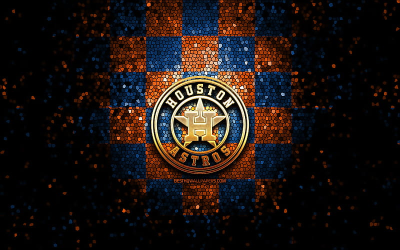 Houston Astros, glitter logo, MLB, blue orange checkered background, USA, american baseball team, Baltimore Houston Astros logo, mosaic art, baseball, America, HD wallpaper