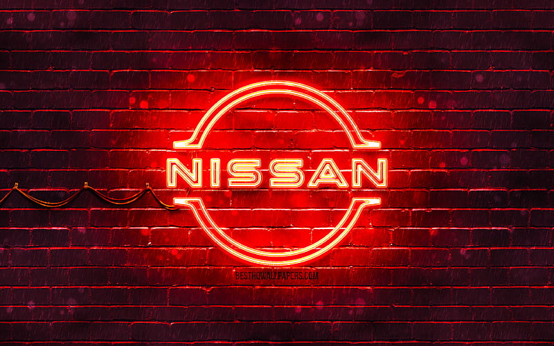 Nissan red logo red brickwall, Nissan logo, cars brands, Nissan neon logo, Nissan, HD wallpaper