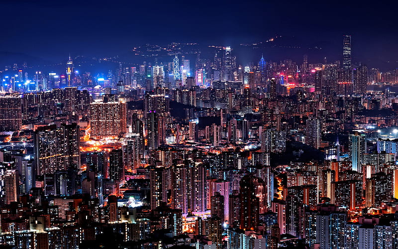 Hong Kong night, Hong Kong cityscape, metropolis, city lights, skyscrapers, skyline, HD wallpaper