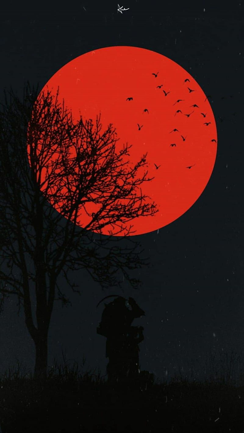 Red Moon and tree, black, naruto, ninja, HD phone wallpaper
