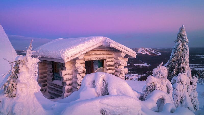 Small Hut in Finnish Lapland at Dawn, sky, snow, landscape, trees, colors, sunset, HD wallpaper