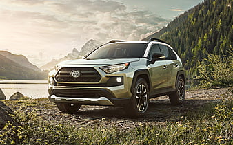 2019, Toyota RAV4 SUV, new green RAV4, exterior, front view, mountain landscape, Japanese cars, Toyota, HD wallpaper