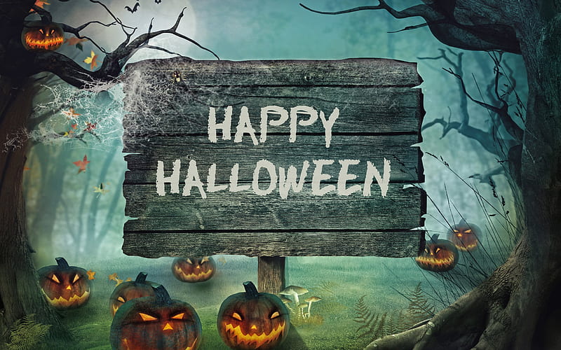 Happy Halloween, forest, pumpkin, board, HD wallpaper