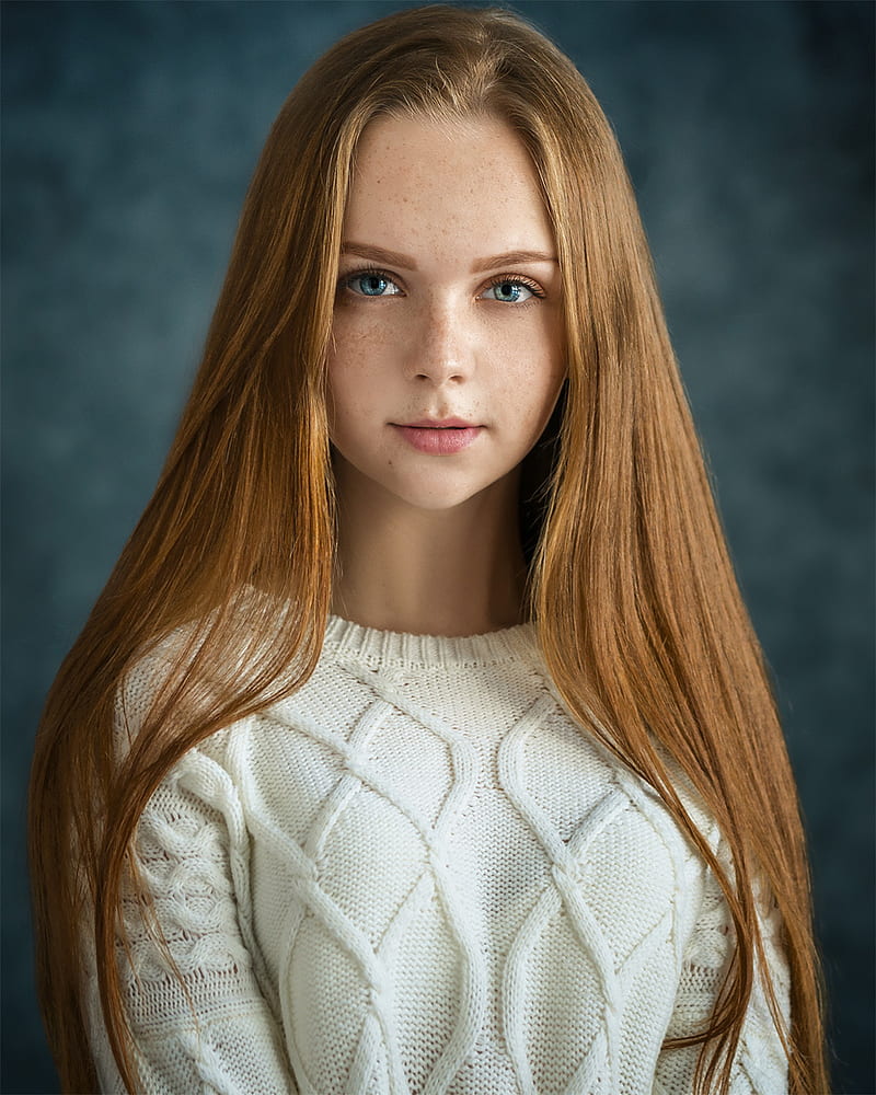 portrait display, long hair, blue eyes, simple background, face, women indoors, coats, portrait, depth of field, straight hair, white sweater, sweater, looking at viewer, redhead, model, studio, indoors, HD phone wallpaper