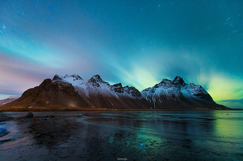 Northern lights, Polar lights, Night sky, Mountain, Starry night, Iceland, HD wallpaper