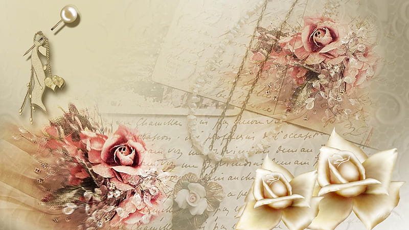 Rose Gold, pearl pin, rose, satin roses, flowers, abstract, writing,  vintage, HD wallpaper | Peakpx