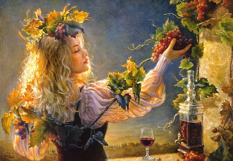 Autumn, fruit, grapes, art, fantasy, luminos, girl, toamna, yellow, HD wallpaper