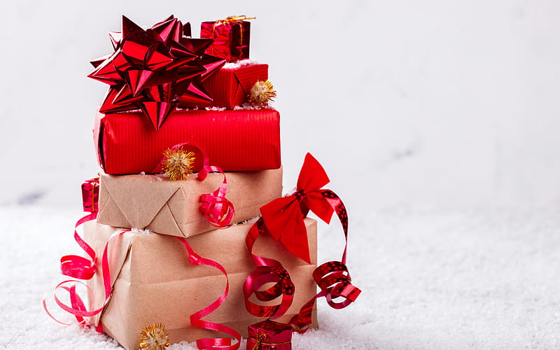 Christmas gifts boxes, Happy New Year, winter, snow, Christmas, paper gifts boxes, HD wallpaper